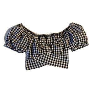 Zaful Checkered Sweetheart Puff Sleeve Crop Blouse (Black and White) Size 6